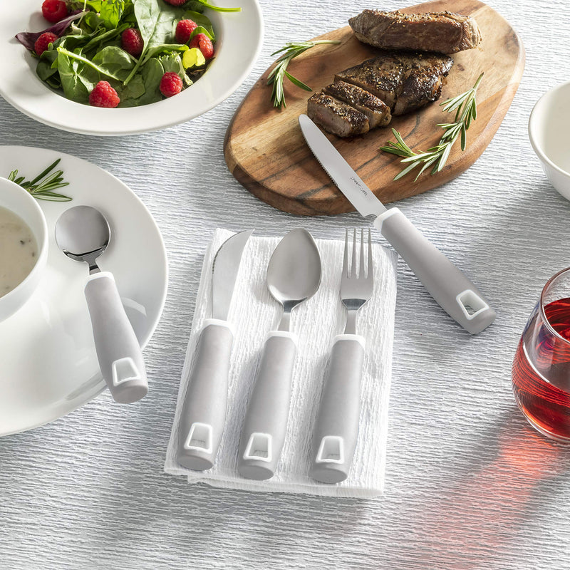 [Australia] - Special Supplies Adaptive Utensils 5-Piece Set Non-Weighted, Non-Slip Handles for Hand Tremors, Arthritis, Parkinson’s or Elderly Use - Stainless Steel Knife, Rocker Knife, Fork, Spoons - Gray 