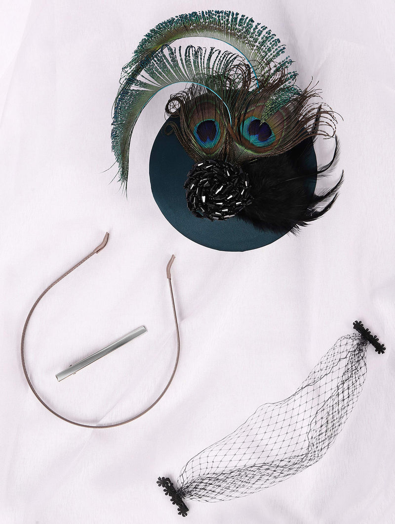[Australia] - BABEYOND 1920s Flapper Fascinator Feather Pillbox Hat Fascinator for Tea Party Peacock-4 