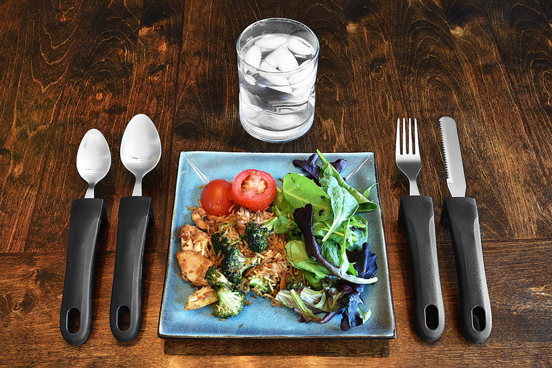 [Australia] - Adaptive Eating Utensils by Celley for Parkinson's, Arthritis, MS, Elderly, Hand Tremors, Handicapped | 4pc Easy Grip Silverware Stainless Steel Knife, Fork, 2 Spoons – (Black) Black 