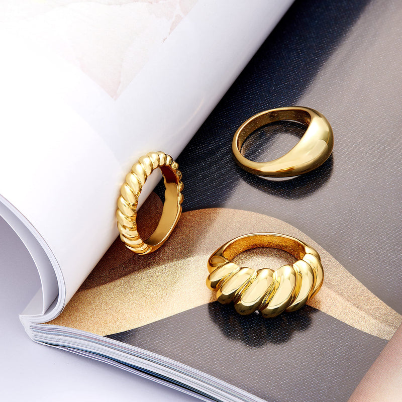 [Australia] - Chunky Ring Set: 14k Gold Plated Croissant Braided Twisted Dome Ring Jewelry for Women Men Teens Boy Girl 6 