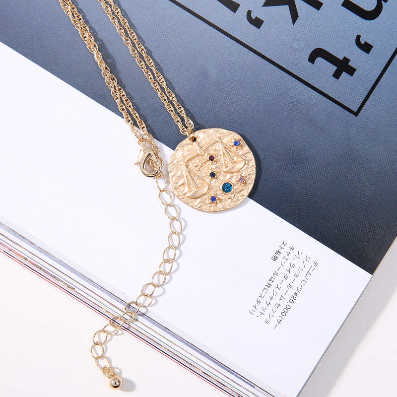 [Australia] - Fashion Fantasy Baroque 12 Constellation Relief Coins Round Brand Guardian Necklace Retro Constellation Gilt Sweater Chain Hot Style Birthday Gift Couple Necklace Libra 