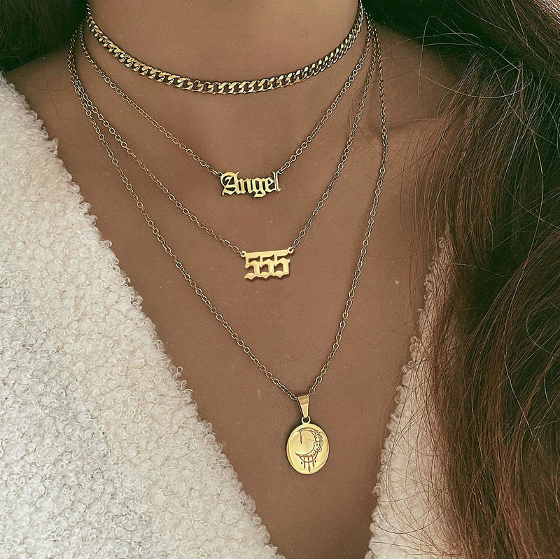 [Australia] - Angel Number Necklace 111 222 333 444 555 666 777 888 999 Gold Old English Numerology Necklace 111-gold 