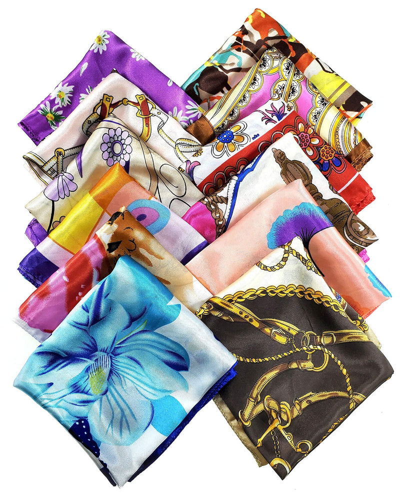 [Australia] - LilMents 12 Mixed Designs Small Square Satin Womens Neck Head Scarf Scarves Bundle Lot Set Set Zi 