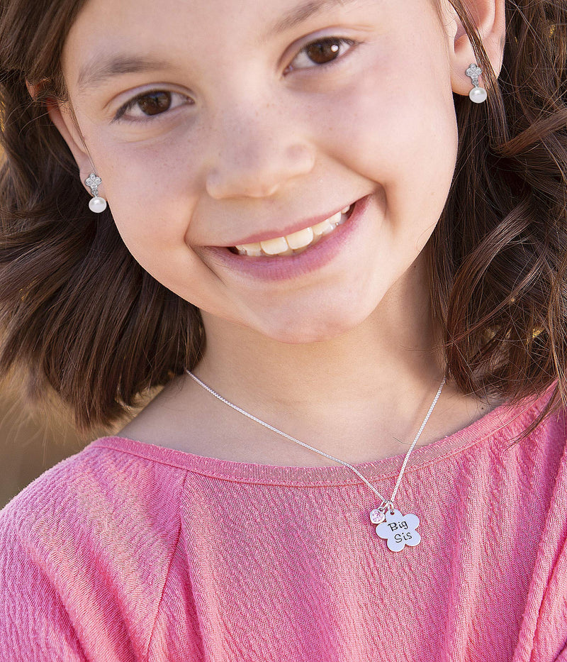 [Australia] - Girl's"Big Sis" or"Lil Sis" Flower Necklace with Pink CZ Heart Charm, 14" Big Sis 