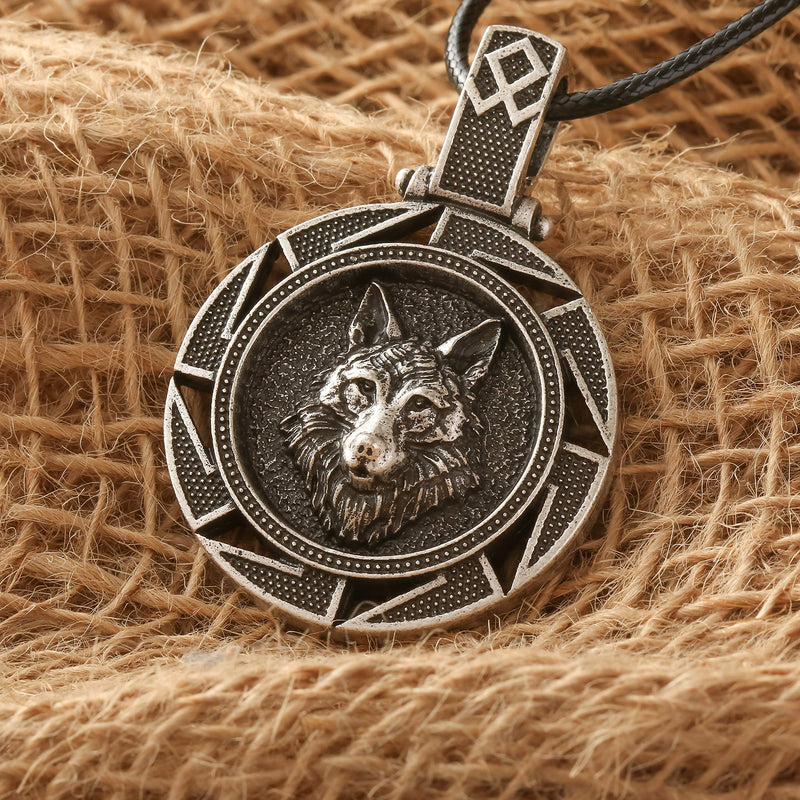 [Australia] - HAQUIL Wolf Necklace - Metal Alloy, Round Wolf Medallion Pendant - Leather Cord, 19.7" 4 