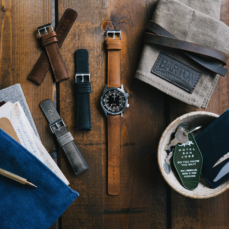 [Australia] - Barton Leather and Rubber Hybrid Straps with Integrated Quick Release Spring Bars - 316L Stainless Steel - Choose Color - 18mm, 20mm & 22mm Watch Bands Walnut 