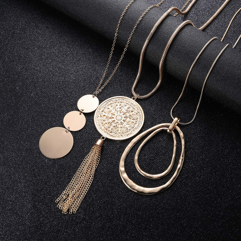 [Australia] - Finrezio 6PCS Long Pendant Necklace Set Tassel Pendant Simple Bar Necklace Strands for Women Silver tone+Gold tone 