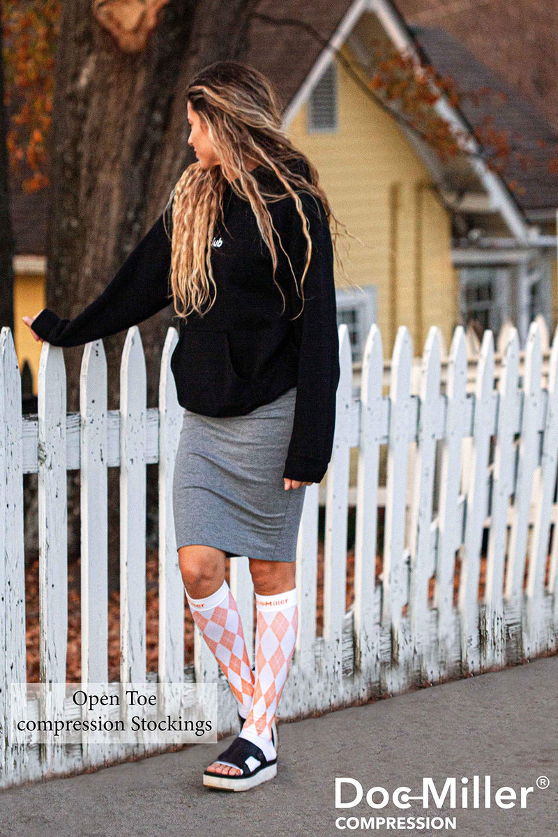 [Australia] - Doc Miller Open Toe Compression Socks Women 20-30mmHg, 1 Pair Toeless Socks for Women and Men - Argyle Design Large White.orange Open Toe 