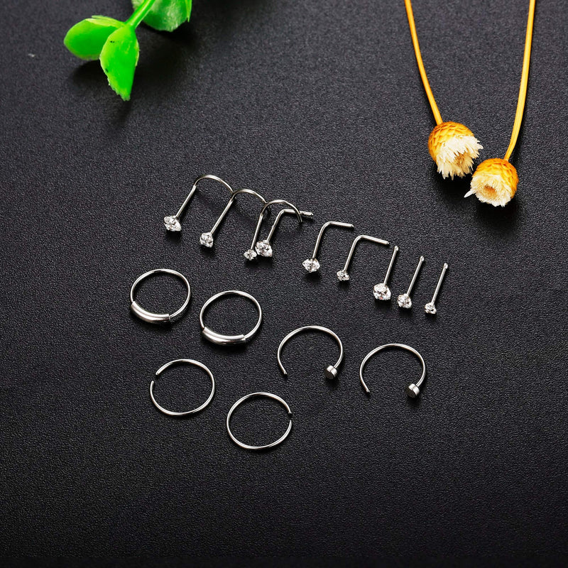 [Australia] - FINREZIO 15PCS 22G Surgical Steel Nose Rings Hoop Studs Cartilage Earrings Body Piercing Jewelry 1.5mm 2mm 2.5mm CZ A: Silver-Tone 