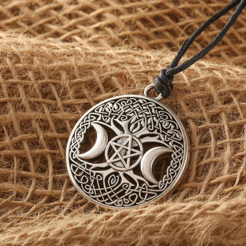 [Australia] - HAQUIL Wiccan Necklace - Metal Alloy, Tree of Life Triple Moon Goddess Pentagram Pendant - Waxed Cotton Cord, Adjustable Length 35.4" 