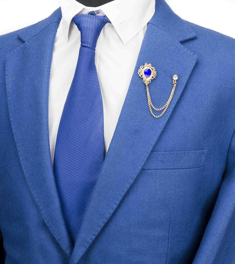 [Australia] - Knighthood Men's Royal Blue Stone with Gold Engraving and Swarovski Chain Brooch Golden 