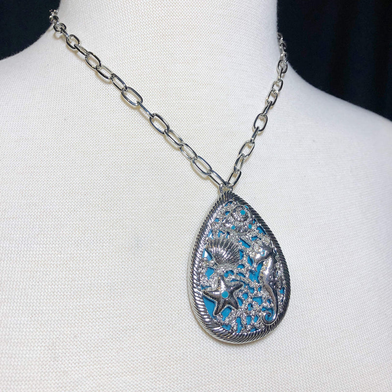 [Australia] - Gypsy Jewels Large Mixed Sealife Nautical Boutique Statement Necklace & Dangle Earrings Set Aqua Blue Silver Tone 