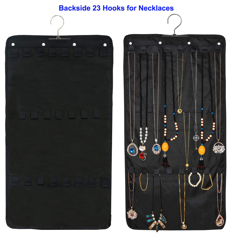 [Australia] - Premium Hanging Jewelry Organizer By Freegrace - Revolving Hanger - Secure Zipper Closure - 25 Pockets & 23 Hooks - Foldable Storage & Display Solution - Perfect For All Jewelry & Bijoux - Black Black (25 Pockets and 23 Hooks) 