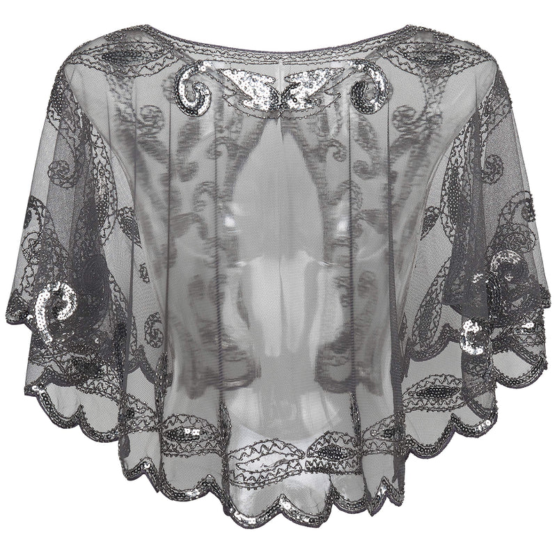 [Australia] - ArtiDeco Women's 1920s Shawl Sequin Beaded Art Deco Evening Cape Vintage Shawl Wraps (Gray)(Size: Free) 