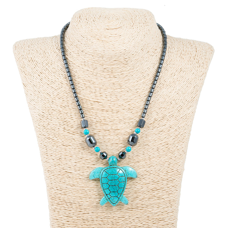 [Australia] - BlueRica Large Turquoise Sea Turtle Pendant on Hematite Beads Necklace 