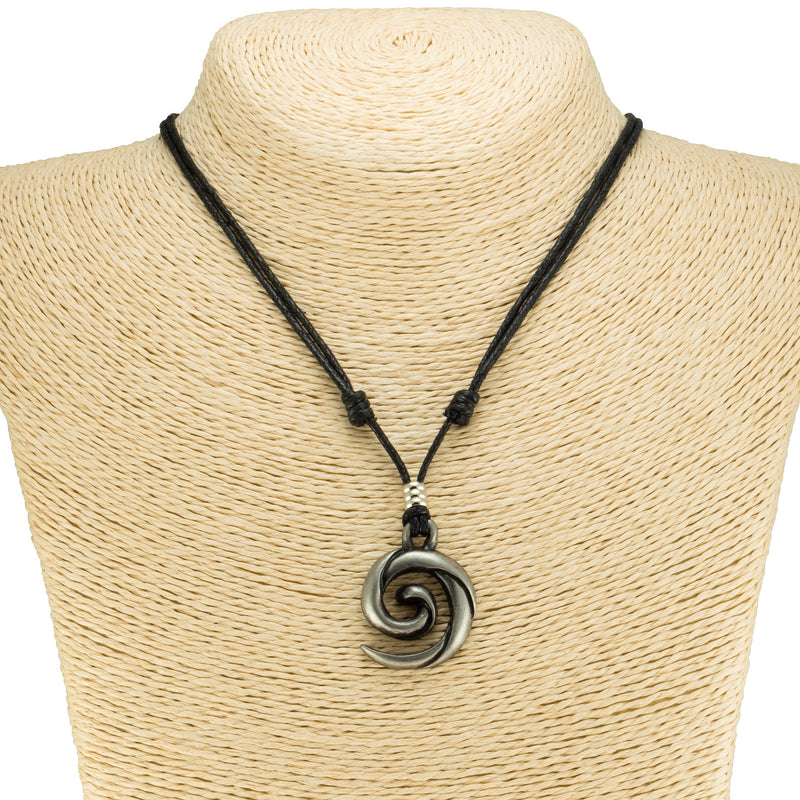 [Australia] - BlueRica Koru Spiral Wave Pendant on Adjustable Black Rope Cord Necklace 