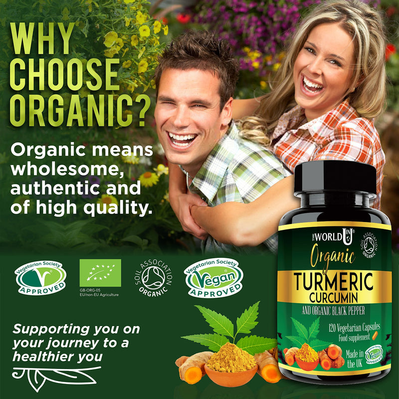 [Australia] - Ultra Pure Organic Turmeric Curcumin and Organic Black Pepper Capsules High Strength Food Supplement 120 Veg Capsules Soil Association Organic Certified and Vegetarian Society Approved - Made in UK 