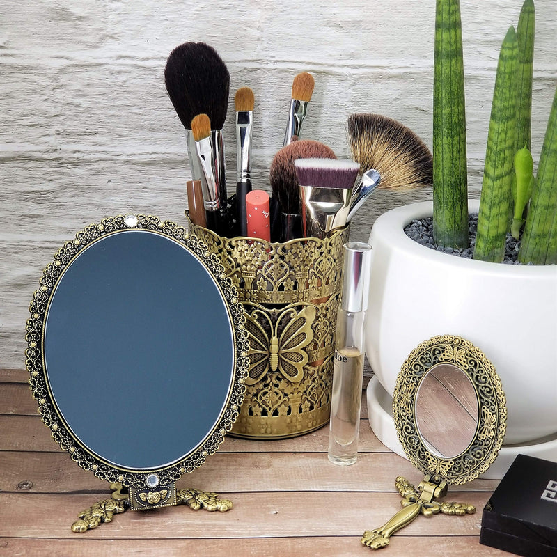 [Australia] - GoldenTBox Vintage Antique Decorative Metal Handheld Portable Cosmetic Mirror Gift Set of 2 for Traveling, Birthday, Wedding Anniversary, Valentine's Day, Mother’s Day (Matte Gold) Matte Gold 