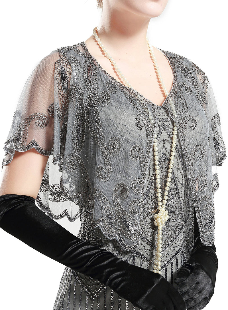 [Australia] - ArtiDeco Women's 1920s Shawl Sequin Beaded Art Deco Evening Cape Vintage Shawl Wraps (Gray)(Size: Free) 