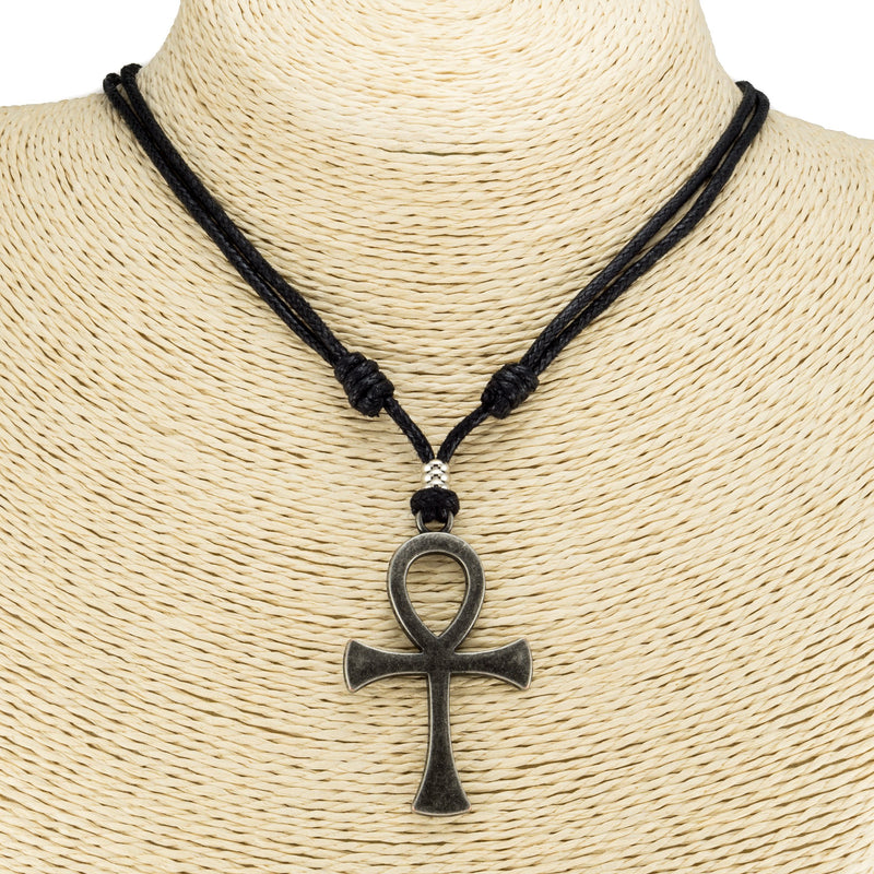 [Australia] - BlueRica Ankh Cross of Life Pendant on Adjustable Black Rope Cord Necklace (Old Silver Color) 