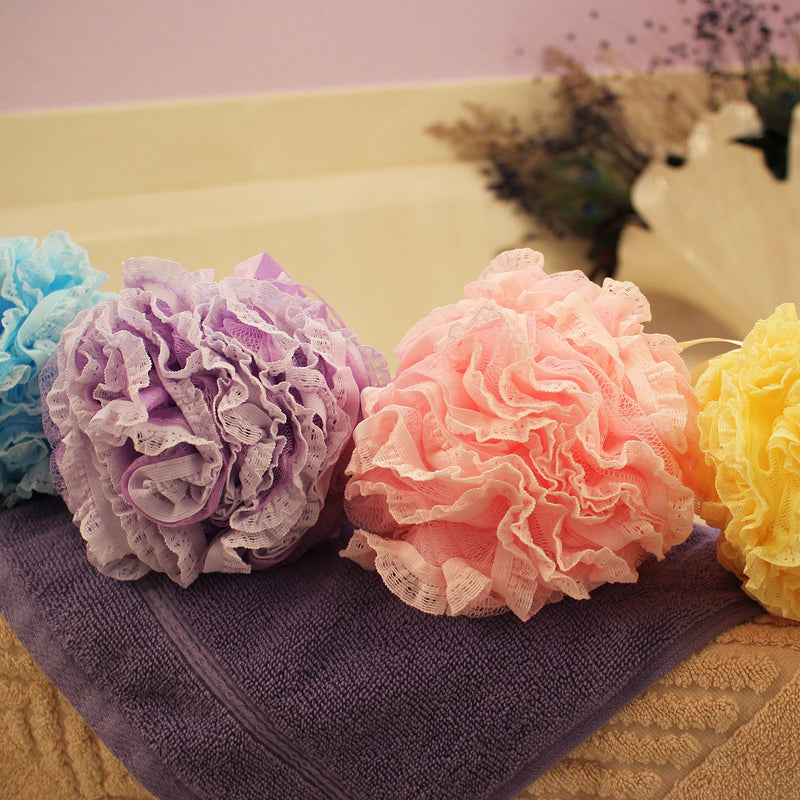 [Australia] - Loofah-Bath-Sponge Lace-Mesh-Set >> 2-Scrubs-in-1 by Shower Bouquet: Large Full 60g Pouf (4 Pack Spa Colors) Body Luffa Loofa Loufa Puff - Exfoliate, Cleanse Skin with Luxurious Bathing Accessories 