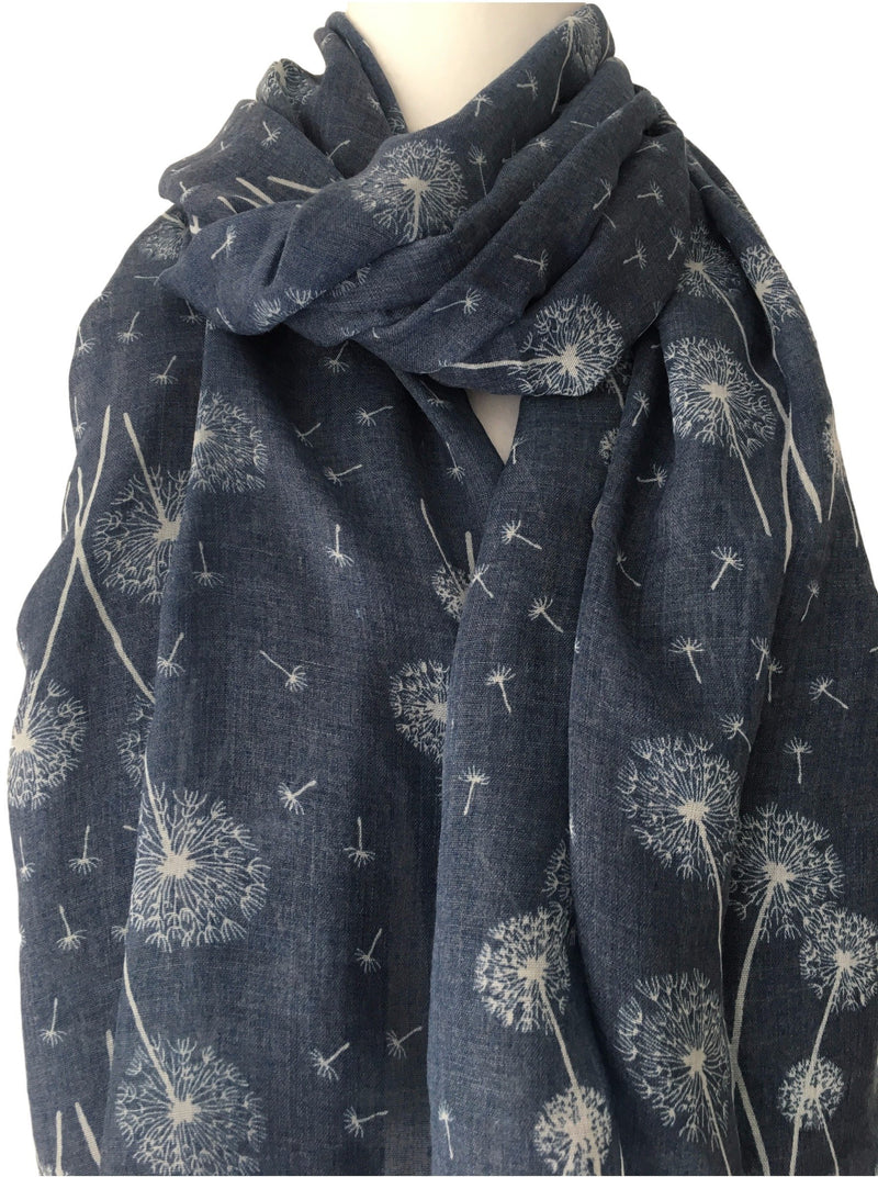[Australia] - Blue Floral Scarf Ladies White Flowers Wrap Denim Blue Dandelion Flower Shawl, Blue, Denim Blue, Dark Blue, Navy, Navy Blue, White, L 