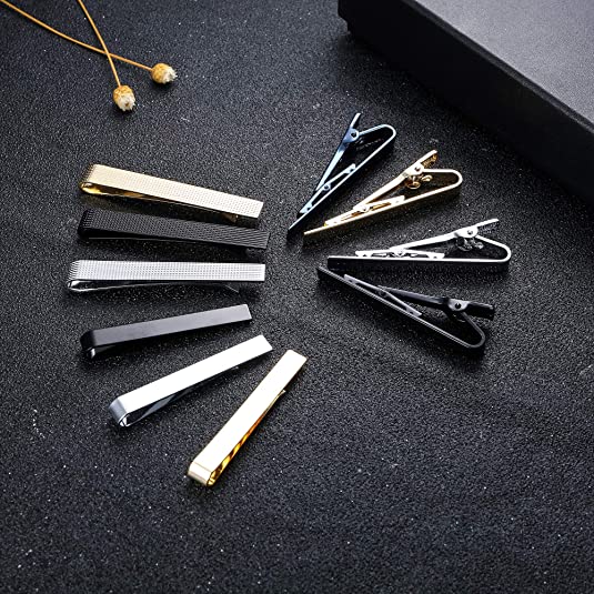 [Australia] - URKEY Tie Bars for Men Skinny Regular Necktie, Length 1.5 Inch-2.3 Inch, Tie Clips Set in Gift Box 8pc(Silver+Gold+Gun Gray+Brushed) 