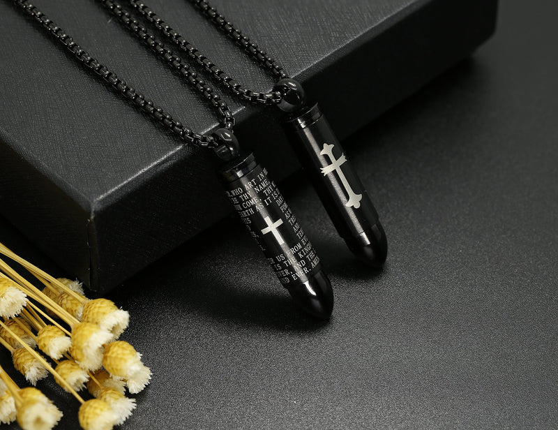 [Australia] - LOYALLOOK 2pcs Men's Stainless Steel Cylinder Pendant Chain Necklace Cross Bullet Pendant Necklace Lord's Prayer 22 Inch 1pc Cross+ 1pc Lord's Prayer 