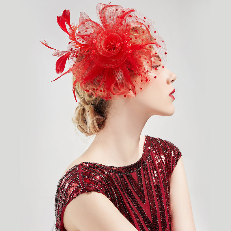 [Australia] - BABEYOND Women's Fascinators Hat Mesh Feather Fascinator Veil Kentucky Derby Hat for Cocktail Tea Party Red 