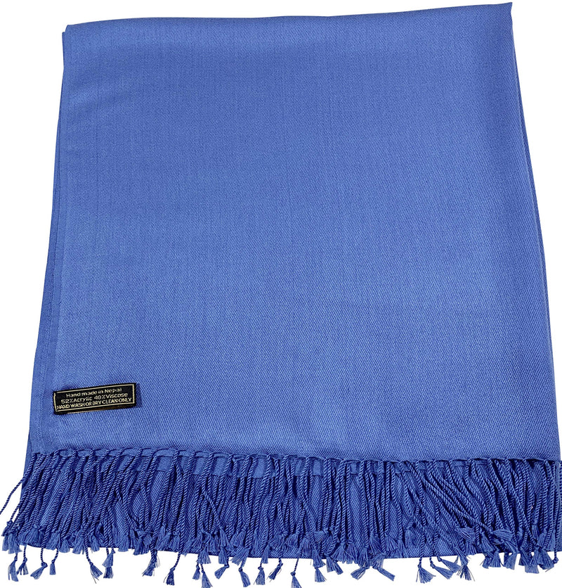 [Australia] - Solid Color Design Shawl Scarf Wrap Stole Throw Head Wrap Tassels Face Cover Hand Made in Nepal Pashmina CJ Apparel NEW Blue 