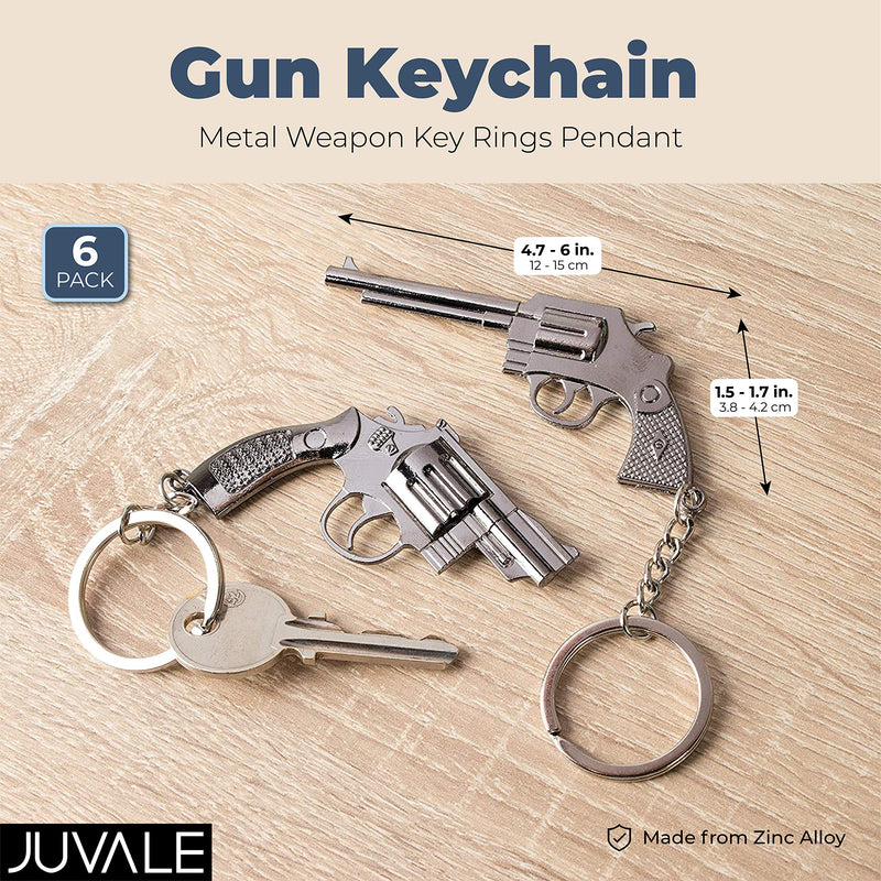 [Australia] - Gun Keychain - 6-Pack Metal Weapon Key Rings Pendant for Men, Birthday Gifts, 6 Designs, Silver 