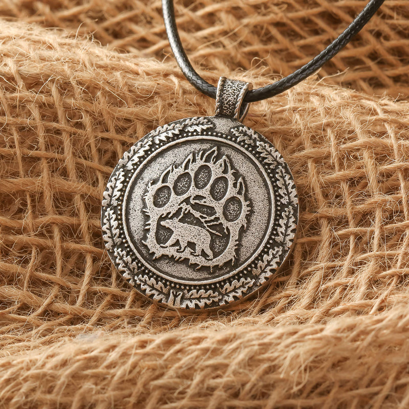 [Australia] - HAQUIL Bear Paw Necklace - Metal Alloy, Viking Bear Paw Medallion Pendant - PU Leather Cord, 19.7" 