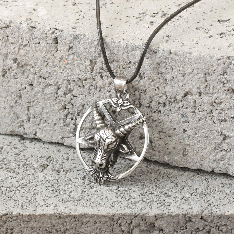 [Australia] - HAQUIL Baphomet Necklace - Stainless Steel, Inverted Pentagram Sabbatic Goat Pendant - PU Leather Cord, 19.7" 