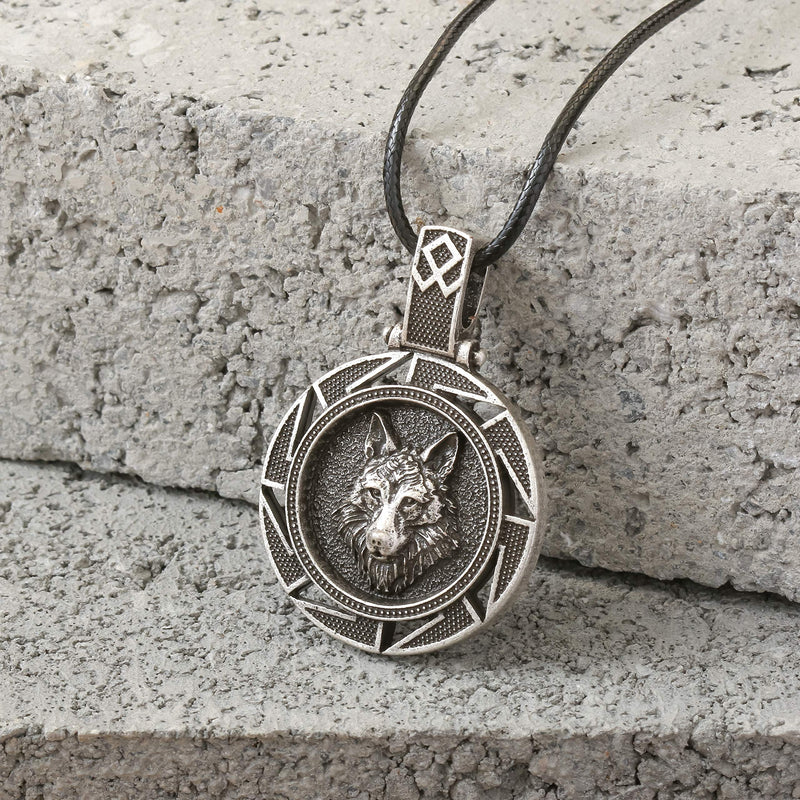 [Australia] - HAQUIL Wolf Necklace - Metal Alloy, Round Wolf Medallion Pendant - Leather Cord, 19.7" 4 