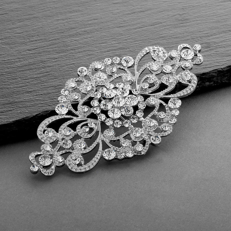 [Australia] - Mariell Vintage Bridal Crystal Brooch Pin - 4" Wide Antique Silver Rhinestone Wedding & Fashion Glam 