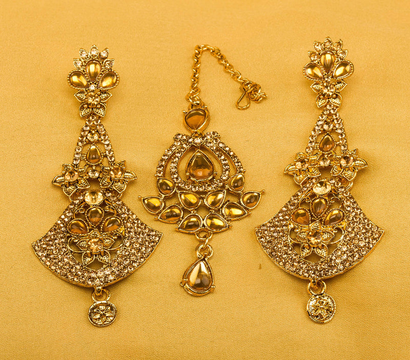 [Australia] - Bindhani Indian Style Bollywood Jewellery Hair Accessories Maang Tika Headpiece Bridal Bridesmaid Wedding Traditional Bahubali Gold Plated Chandbali Kundan Earrings Mang Tikka Jewelry For Women Style-12 
