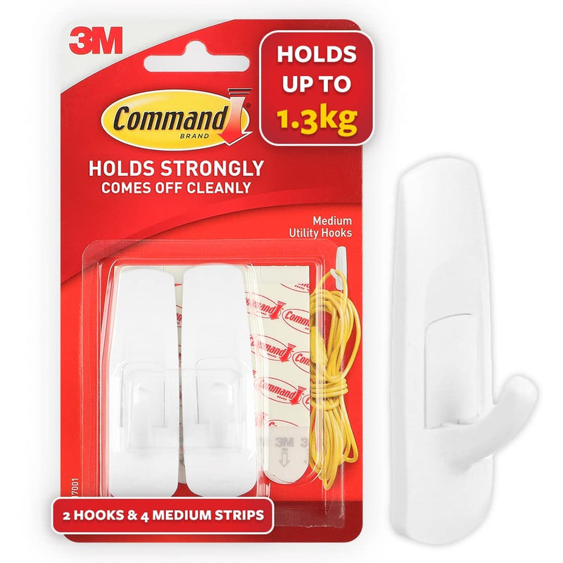 [Australia] - Command Medium Utility Hooks, White, 2-Hooks, 4-Strips, Organize Damage-Free 