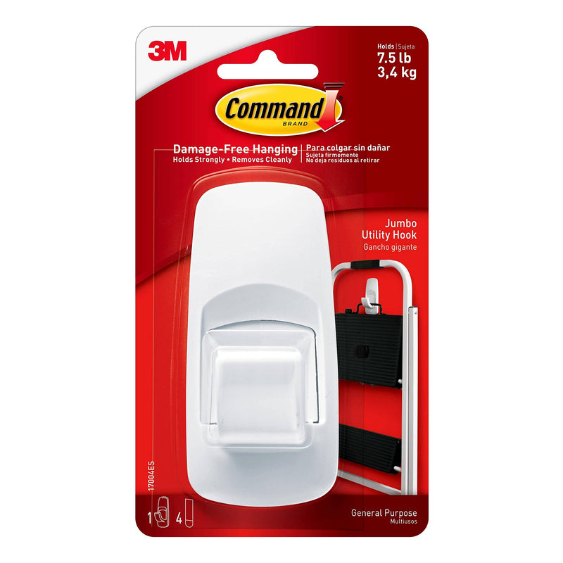 [Australia] - Command Jumbo Utility Hook, White, 1-Hook, 4-Strips, Organize Damage-Free 1 Hook 