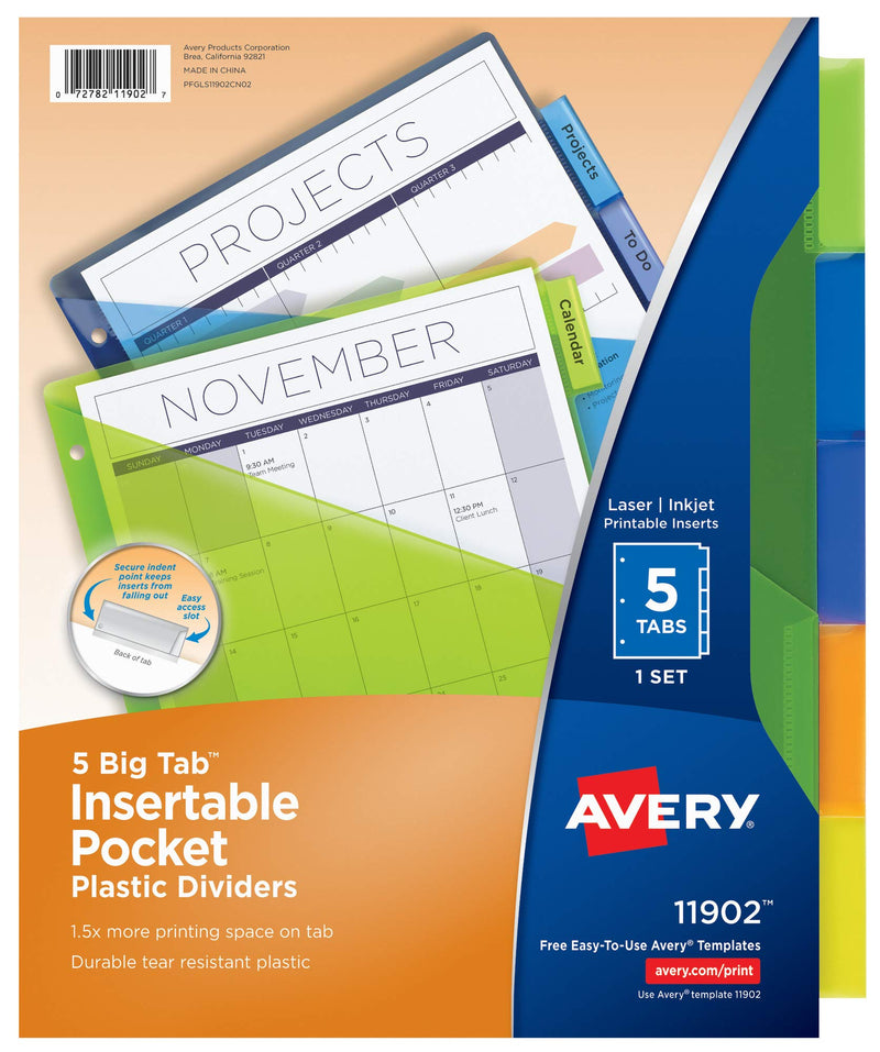 [Australia] - Avery Big Tab Insertable Pocket Plastic Dividers for 3 Ring Binders, 5-Tab Set, Multicolor, 1 Set (11902) 5 Tabs 