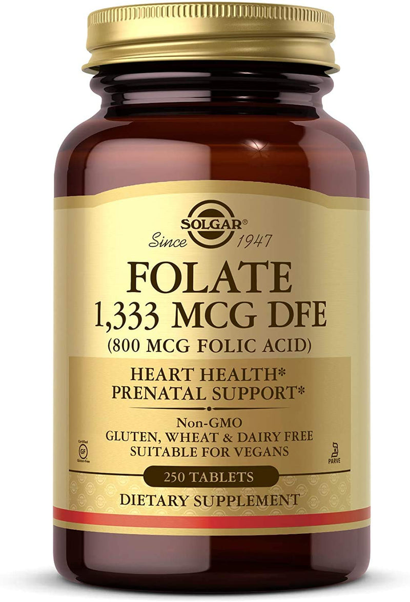[Australia] - Solgar Folate 1,333 MCG Dietary Folate Equivalent (800 mcg Folic Acid), 250 Tablets - Heart Health, Healthy Nervous System, Prenatal Support - Non-GMO, Vegan, Gluten Free, Dairy Free - 250 Servings 250 Count (Pack of 1) 