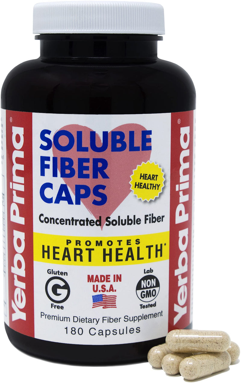 [Australia] - Yerba Prima Soluble Fiber Formula Capsules, 180 Count - Premium Dietary Fiber Supplement, Natural, Concentrated Soluble Fiber, Promotes Heart Health, Gluten Free, Non-GMO, Made in USA 