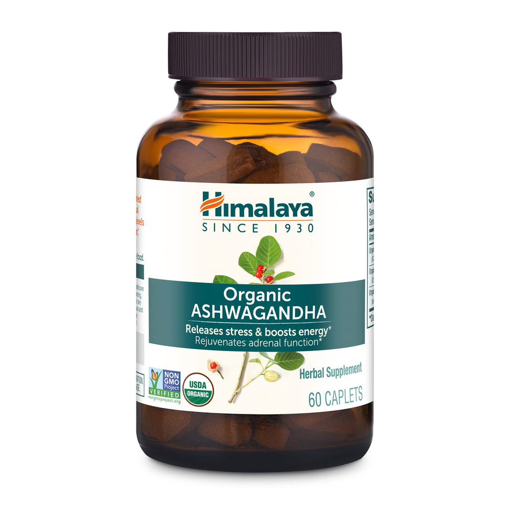 [Australia] - Himalaya Organic Ashwagandha, 2 Month Supply for Stress Relief, USDA Certified Organic, Non-GMO, Gluten-Free Supplement, 100% Ashwagandha powder & extract, 670 mg, 60 Caplets CAPLET 