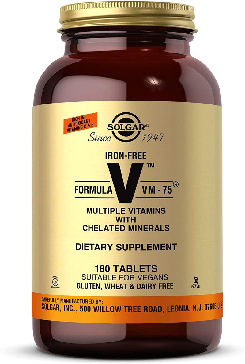 [Australia] - Solgar Iron-Free Formula VM-75, 180 Tablets - Multivitamin with Chelated Minerals - Vitamin A, B6, B12, C, D, E - Biotin, Magnesium, Calcium, Zinc - Vegan, Gluten & Dairy Free, Kosher - 180 Servings 180 Count (Pack of 1) 