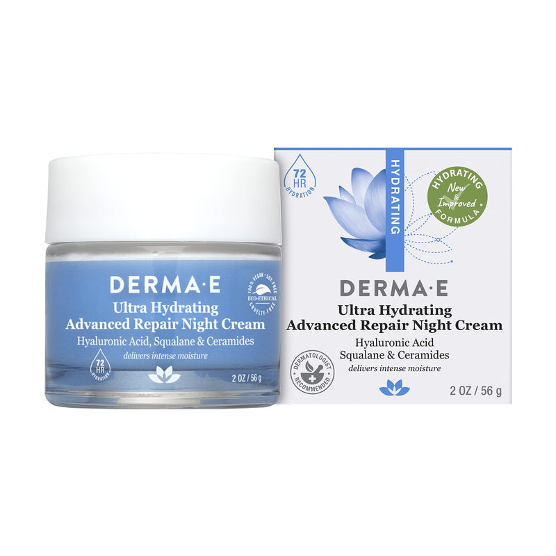 [Australia] - DERMA E Ultra Hydrating Advanced Repair Night Cream – Overnight Face Moisturizer with Anti-Aging Squalane, Hyaluronic Acid and Ceramides to Smooth and Nourish, 2 Oz 