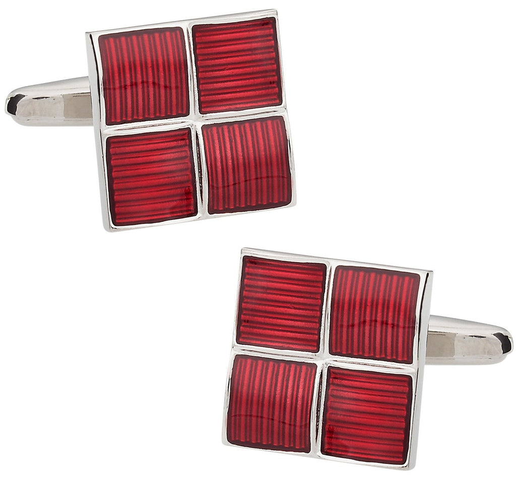 [Australia] - Cuff-Daddy Ribbed Four Piece Red Enamel Square Silver Cufflinks with Presentation Box 