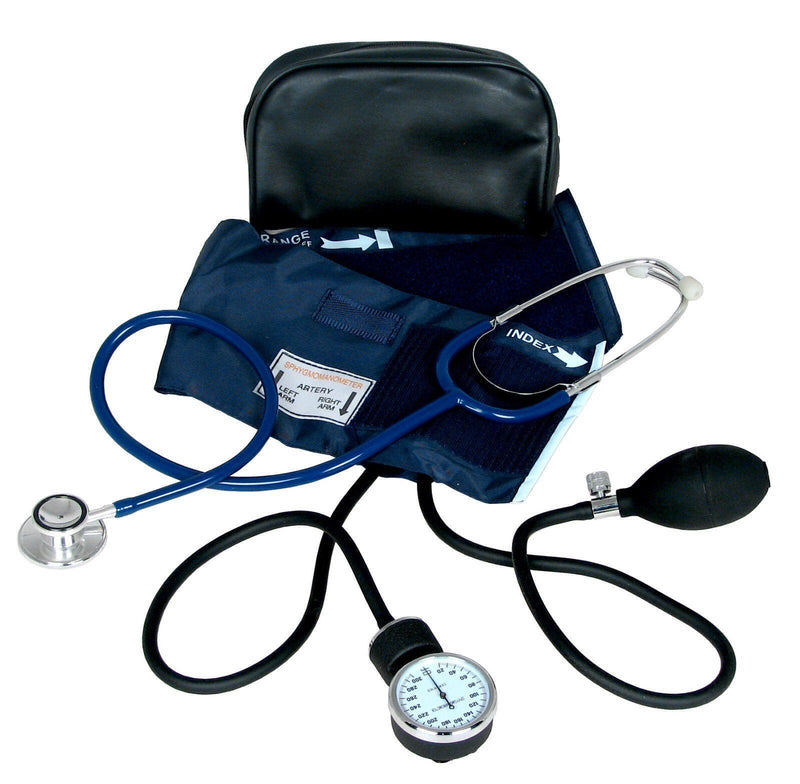 [Australia] - Dixie EMS Aneroid Sphygmomanometer and Dual Head Stethoscope Set with Adult Size Blood Pressure Cuff, Calibration Key and Carrying Case – Navy Blue 