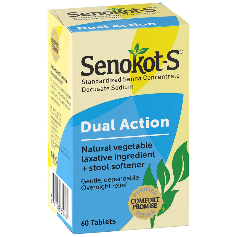 [Australia] - Senokot-S Dual Action Natural Vegetable Laxative Ingredient Plus Stool Softener Tablets, Docusate Sodium, Senna Concentrate, Gentle, Overnight Relief From Occasional Constipation, 60 ct 60 Count (Pack of 1) 