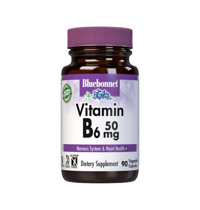 [Australia] - Bluebonnet Nutrition Vitamin B6 Vegetable Capsules, 50 mg, For Cardiovascular and Nervous System Health, Soy Free, Gluten Free, Kosher, Dairy Free, Vegan, Non-GMO, 90 Vegetable Capsules, 90 Servings 