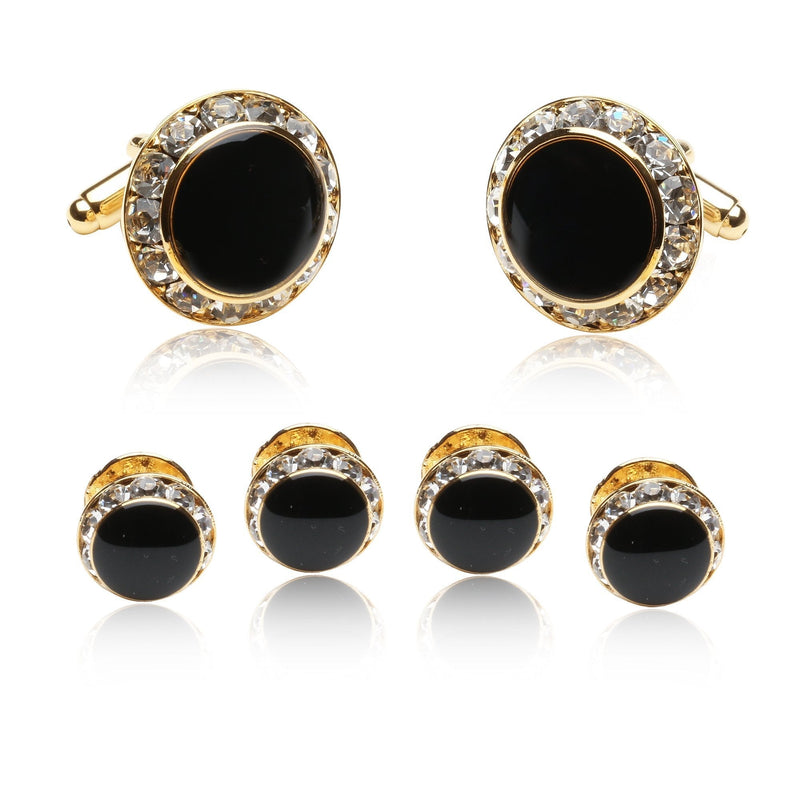 [Australia] - Black Enamel and CZ Gold Tuxedo Formal Set Cufflinks and Studs with Gift Box 