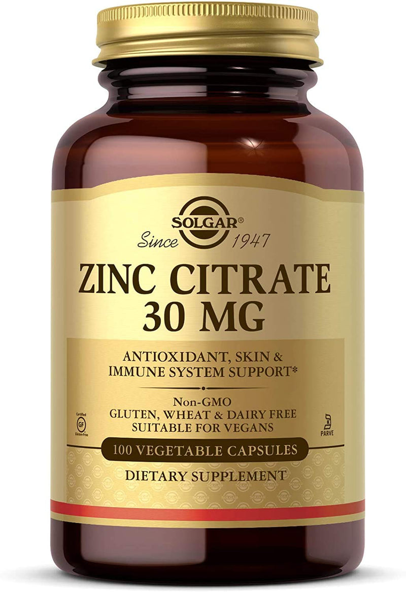 [Australia] - Solgar Zinc Citrate 30 mg, 100 Vegetable Capsules - Zinc for Healthy Skin, Taste & Vision - Immune System & Antioxidant Support - Citrate Form for Optimal Absorption - Non GMO, Vegan - 100 Servings 